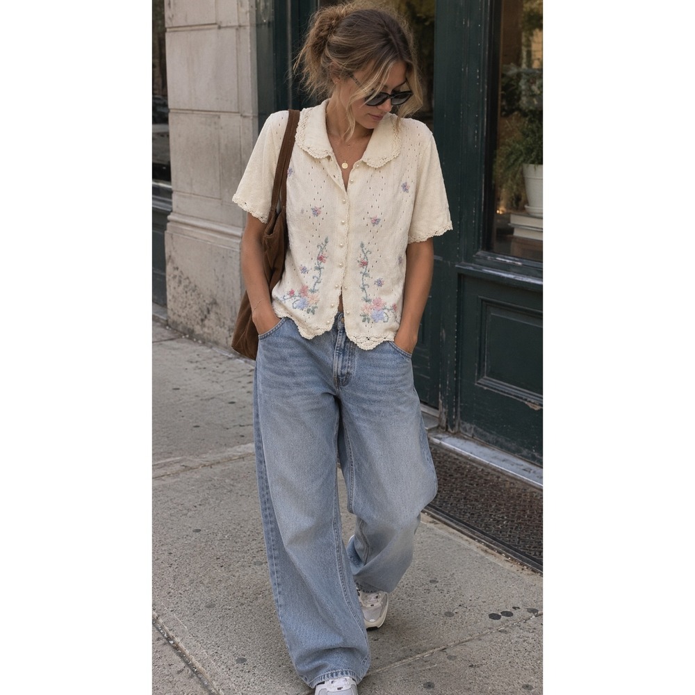 Vintage Koret Petite Floral Embroidered Knit Cardigan Pearl Button Deadstock- M
